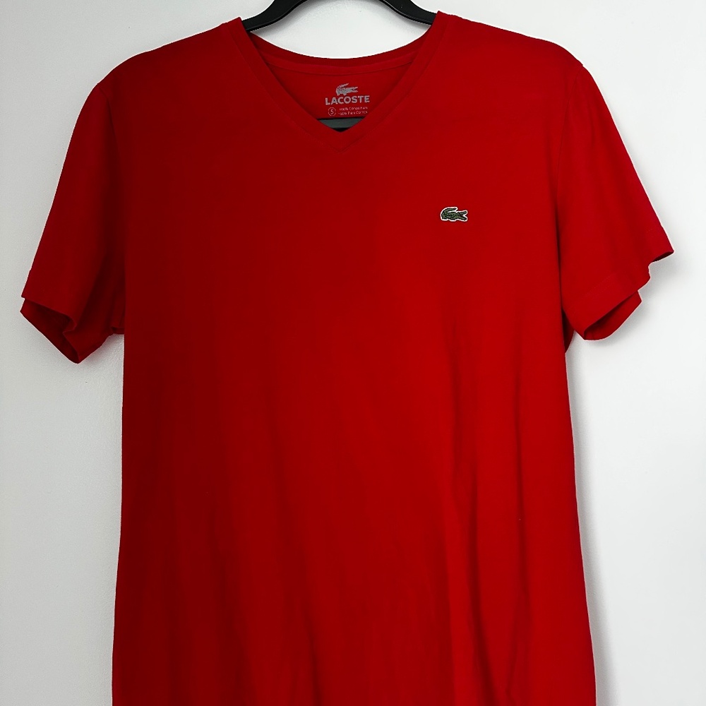 Lacoste Red Pima Cotton Red V Neck Shirt - Medium